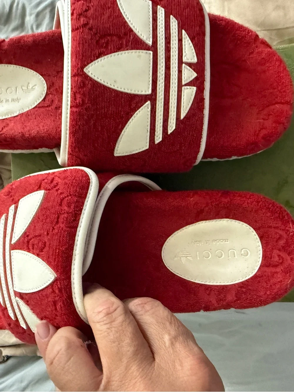 Gucci /adidas collab chunky Red Plush Slide Sandals with White Accents